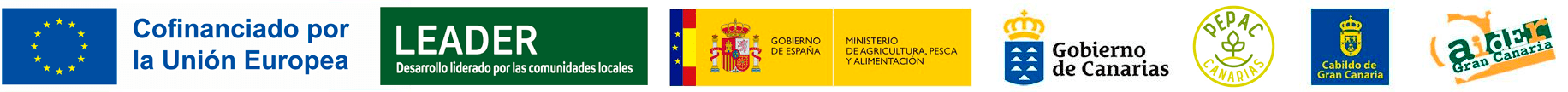 Logos de la Unión Europea, LEADER, Gobierno de España, Ministerio de Agricultura, Gobierno de Canarias, PEPAC Canarias, Cabildo de Gran Canaria y AIDER Gran Canaria.